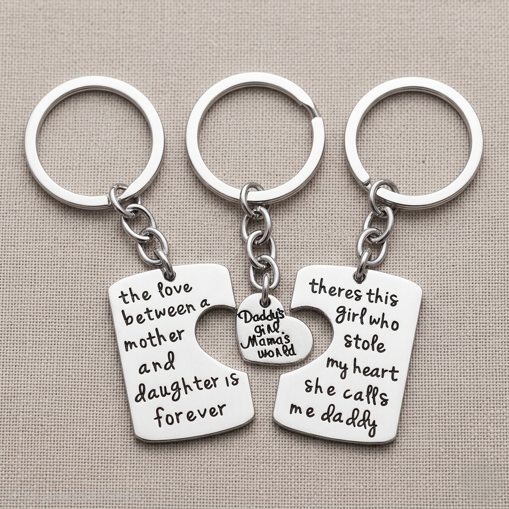 Mother Daughter Father Silver Puzzle Keychain Set
